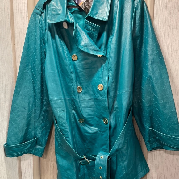 NWT Iman Leather Turquiose Green  Women’s Double Breasted Trench Coat Size 3x - Picture 1 of 10